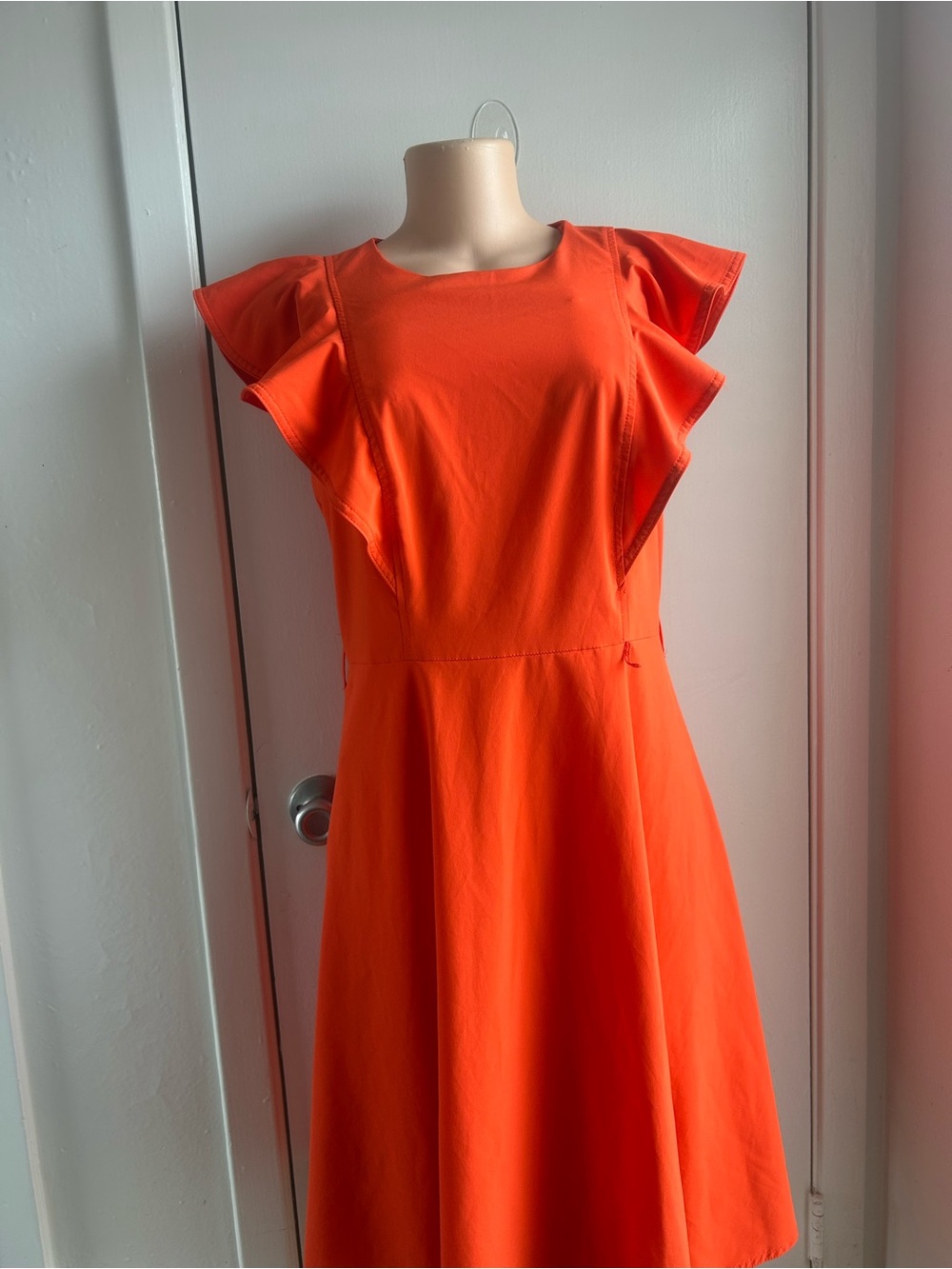 Calvin Klein Bright Orange Ruffle-Sleeve Midi Dress